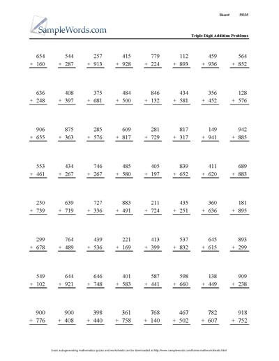 triple digit addition worksheet