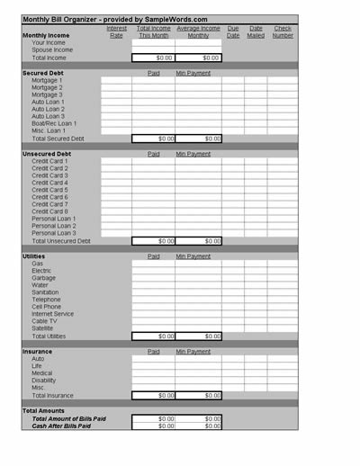 Bill Organizer Template Worksheet in Microsoft Excel