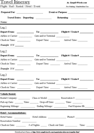 travel itinerary template word