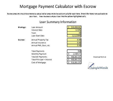 simple mortgage calculator escrow excel xls