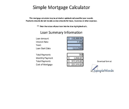 download simple mortgage calculator