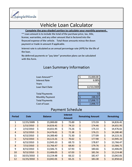 vehicle loan calculator excel schedule