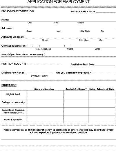 generic employment application form