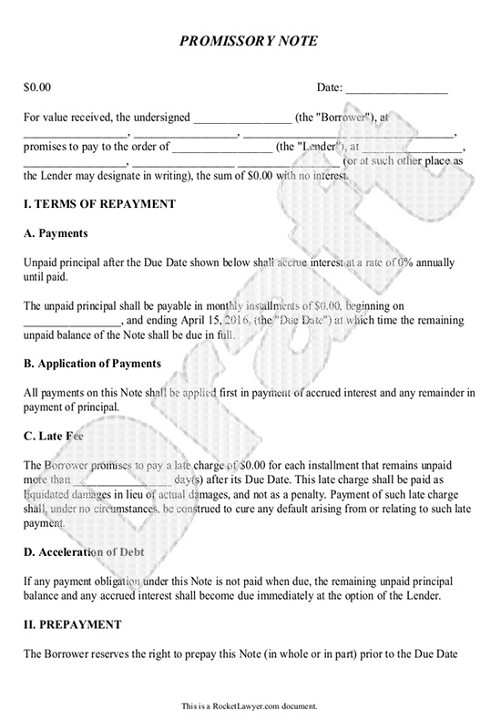 promissory note template form