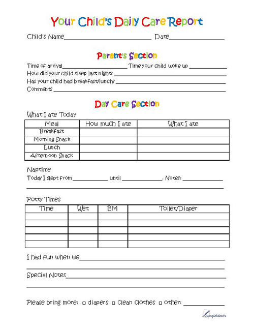 Free Printable Toddler Daily Day Care Report pdf
