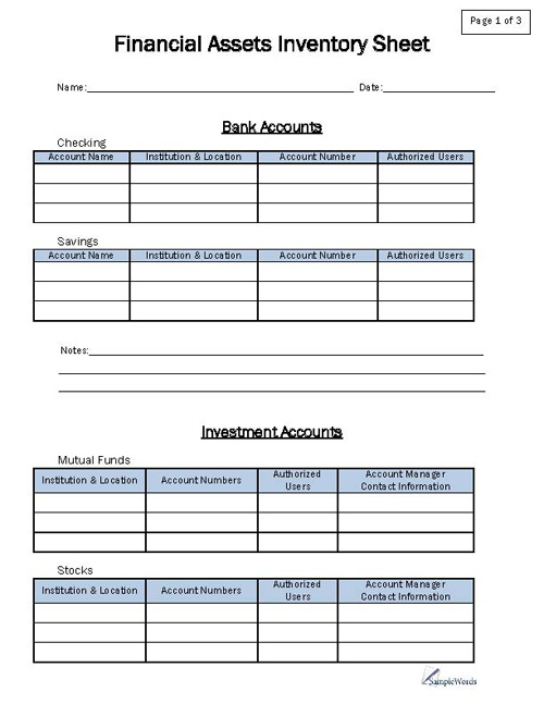Printable Financial Asset Inventory Sheet