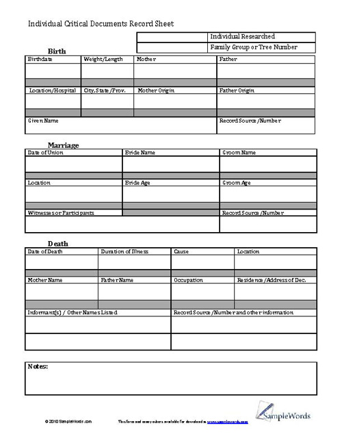 Individual Critical Documents Record Form 