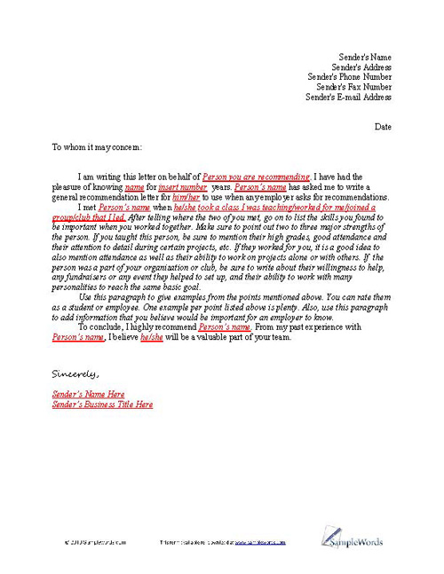 Letter of Recommendation Sample