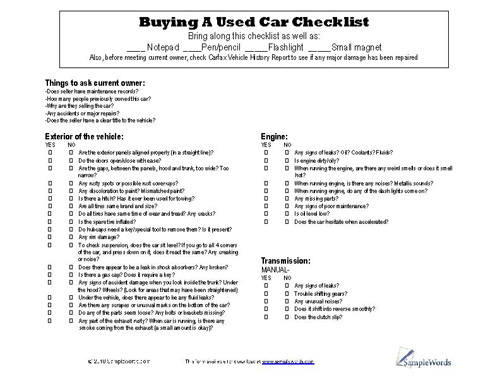 Used Car Checklist pdf printable 