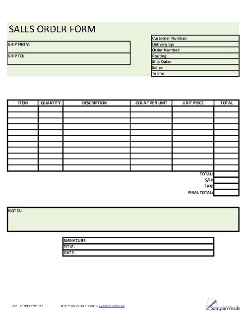 Printable Order Form template pdf