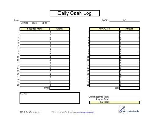 Daily Cash Log