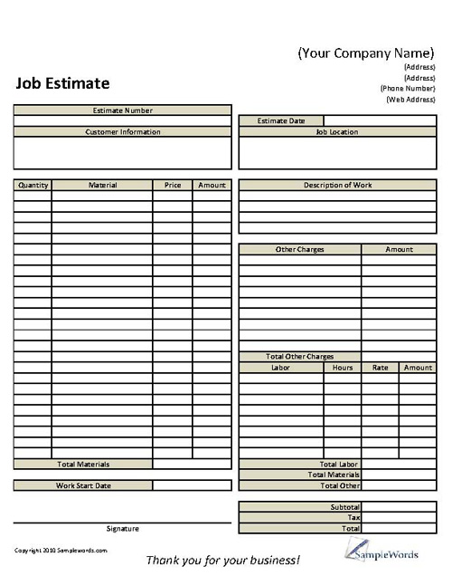 Basic Job Estimate Form in Excel