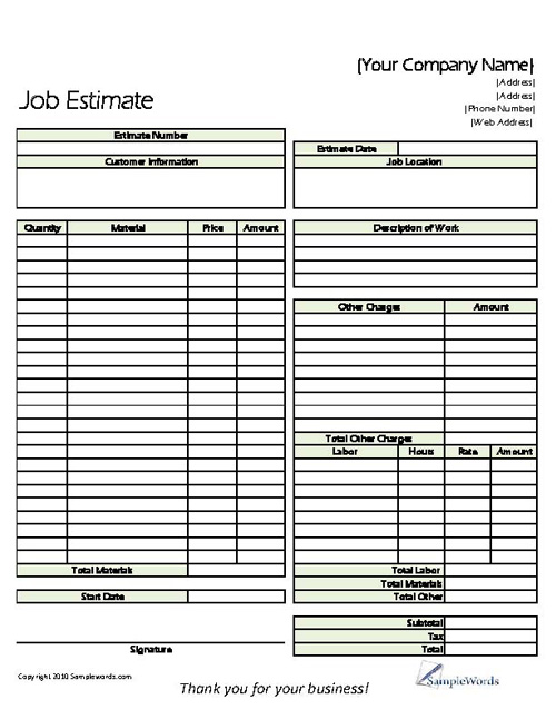 Classic Job Estimate Form excel xls