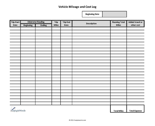 vehicle mileage log cost form
