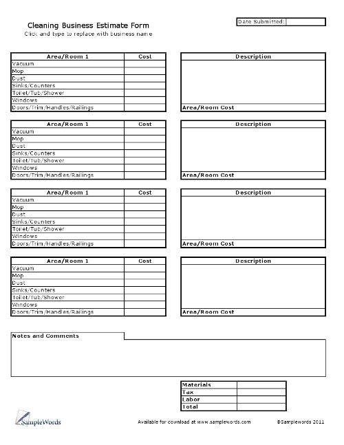 Cleaning Business Estimate Form Excel Spreadsheet