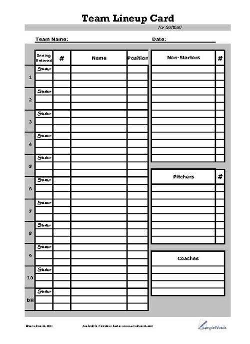 Softball Team Lineup Card pdf