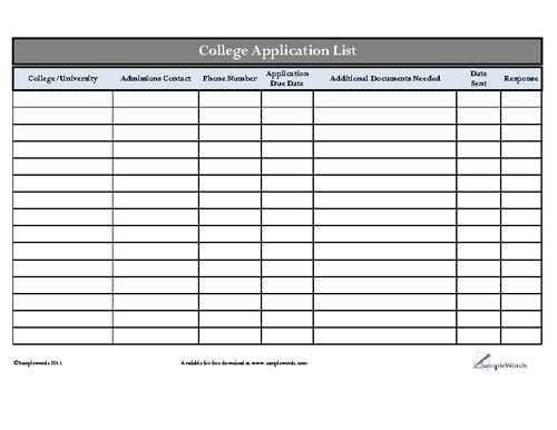 College Application Tracking List