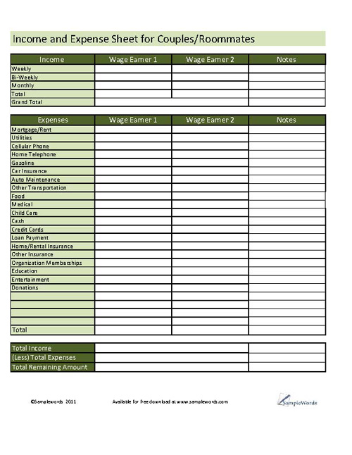 Income Expense Sheet for Couples/Roommates