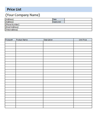 Price List Template Small Business - Microsoft Excel