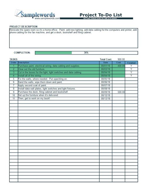 Project To Do List form spreadsheet excel pdf